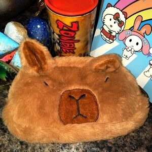 Brown Capybara makeup pencil case handheld fuzzy purse zipper women's cute
